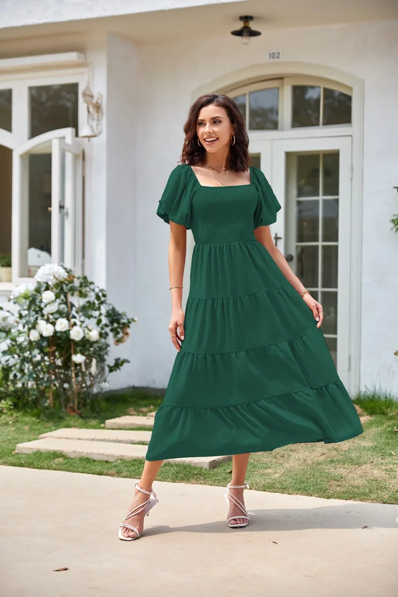 

2026 Women's Summer Square Neck Backless Puff Sleeve Ruffled Puff Sleeve Full Skirt Dress Long Dresses for Women