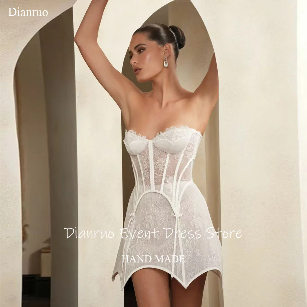 Dianruo Sexy Sheer White Prom Dresses A Line Ruffled Lace Sweetheart Vestidos De Gala Illusion Bodycon Wedding Dress Customized