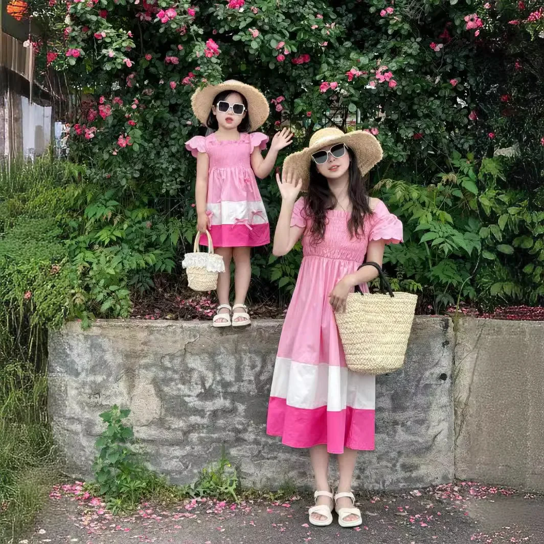 Holiday Mother and Daughter Matching Pink Smock Dress Vacation Mom and Baby Girl Dresses Korean Style Parent-child Equal Clothes