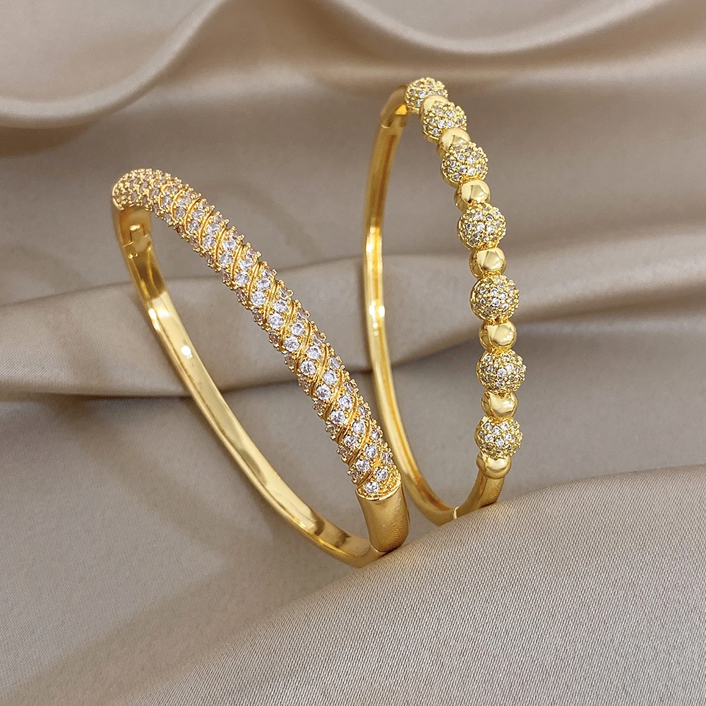 Fashion Gold Plated Copper Cuff Bangle for Women Luxury Micro Inlaid Zircon Ball Beads Twisted Wrist Bracelets Party Jewelry