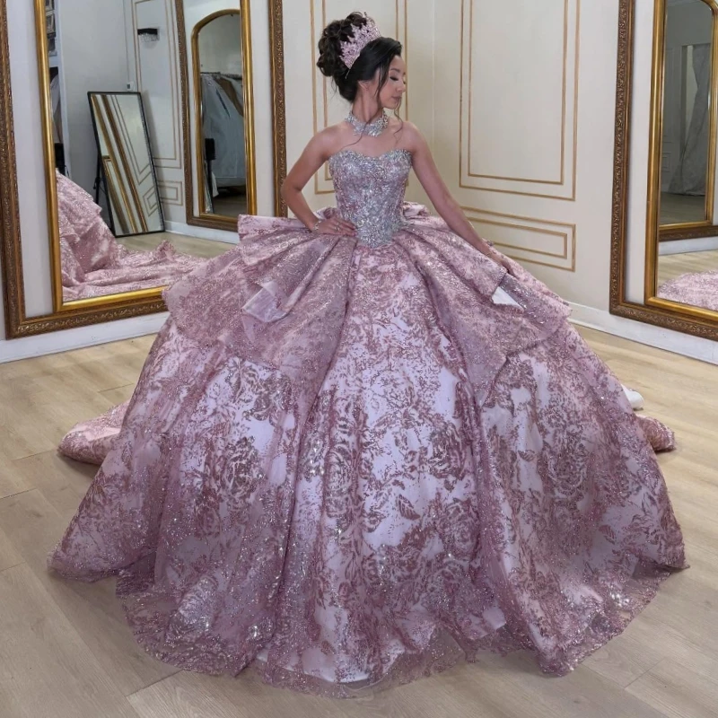 

Розовые блестящие платья Quinceanera с открытыми плечами и блестками, аппликация, кружево, бисер, хрустальный бант, тюлевое платье для вечеринки, дня рождения, сладкое 16-летнее платье Vesti