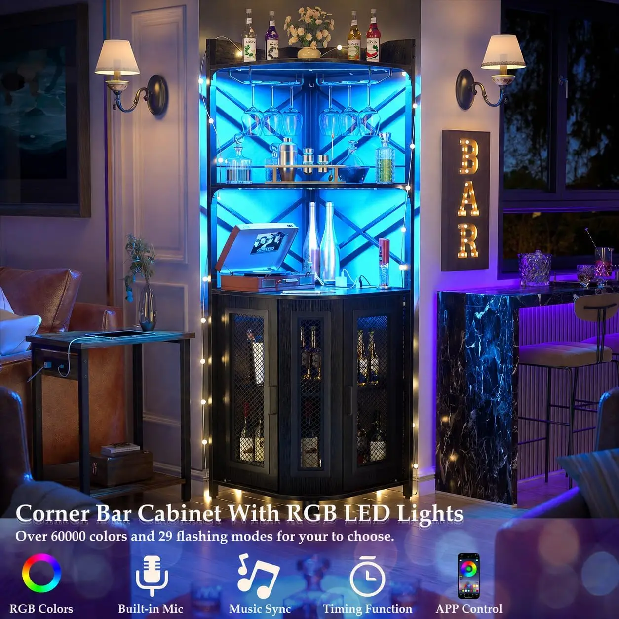 Aheaplus Corner Bar Cabinet with Power Outlet & LED Lights, 5-Tier Industrial Wine Cabinet Mini Bar Unit with Glass Holder, Corner Display Storage Cabinet for Small Space, Living Room, Kitchen image 7