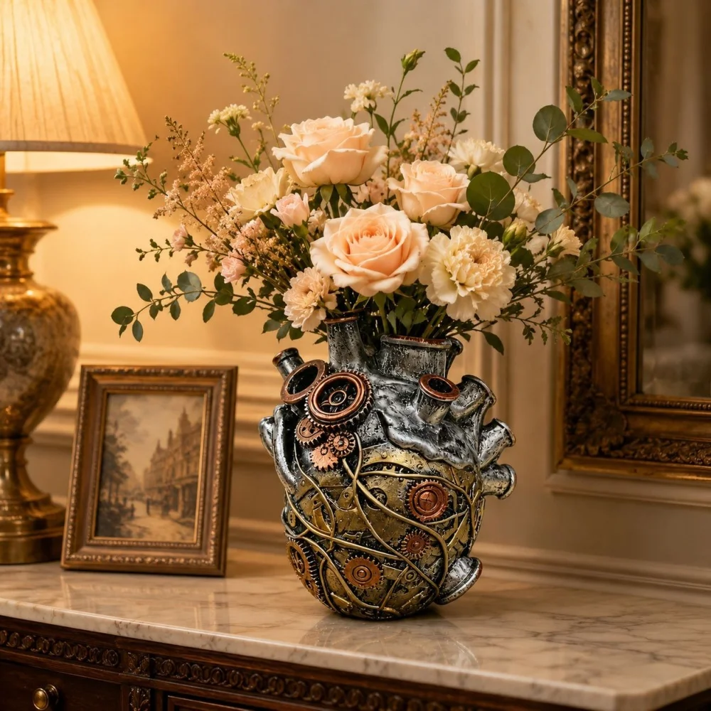 Creative Mechanical Heart Vase - Retro Steampunk Resin Flower Pot-Industrial Style Desktop Decorative for Home Decoration Gift