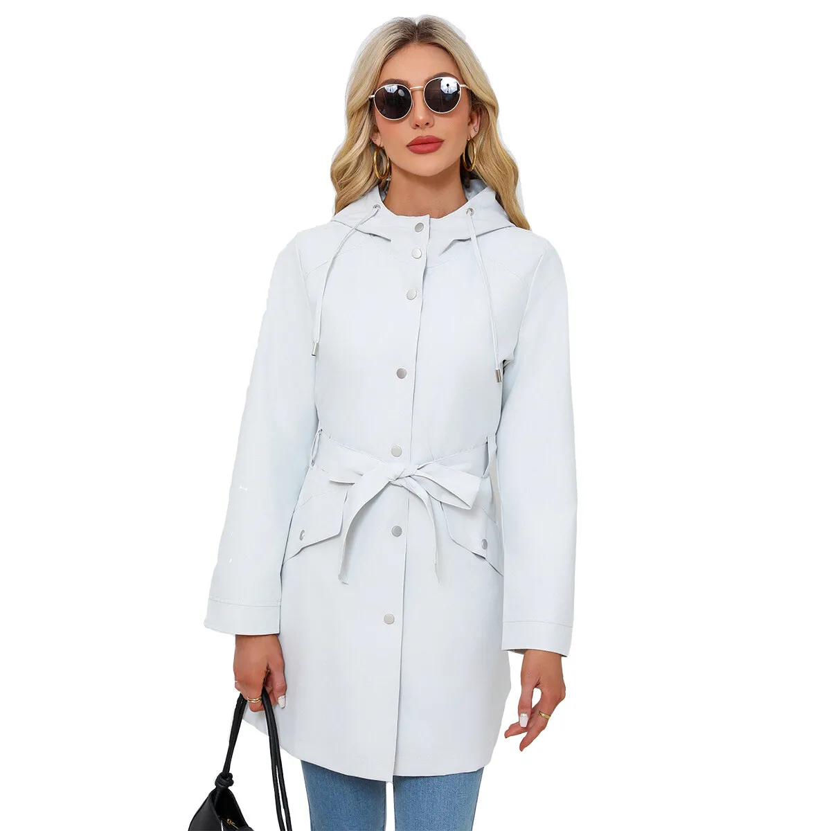 2025 Spring Autumn New Hooded Water-Repellent Jacket With Belt Thin Casual Loose Trench Coat For Women European And American