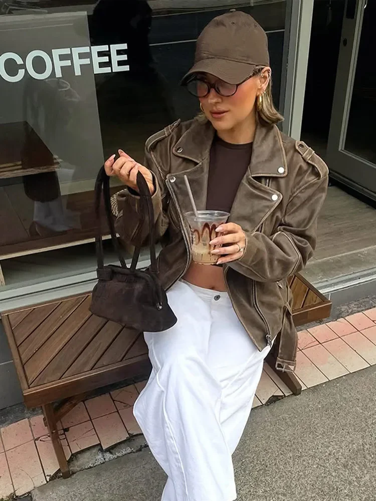 Moda sólida lapela jaqueta de couro curto feminino manga cheia bolsos com zíper casaco solto senhora 2025 outono diário deslocamento rua wear