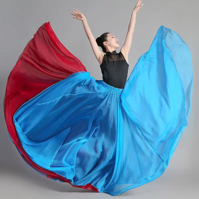 360-720 Degree Chiffon Skirt Ballet Belly Dance Women Two Layer Color Splicing Long Skirts Dancer Practice Wear Dance Skirt