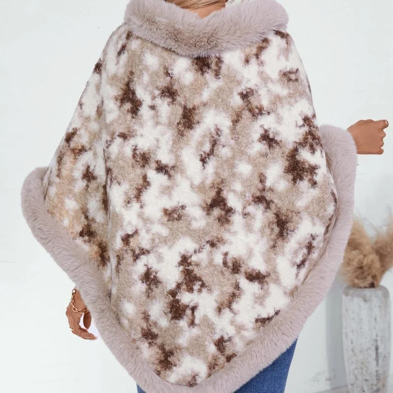 Women's Faux Fur Trim Tie Dye Pullover Sweatshirt Cozy Color Block Fuzzy Fleece Top with Fluffy Collar Cuffs, Winter Casual