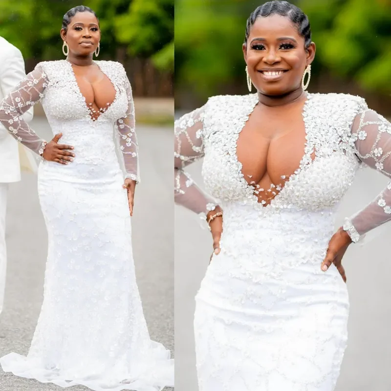 

Customized 2026 Elegant Long Sleeve 3D Flower Transparent Neck Luxury Mermaid Bride Dress Sexy Wrap hip Ladies Wedding dress