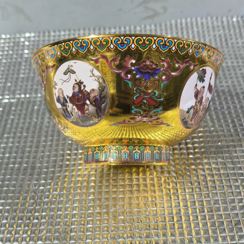 Handcrafted Cloisonné Gold-Plated and Painted Craft Multi-Child Multi-Blessing Copper Bowl Treasure Basin Home Desktop Decoratio