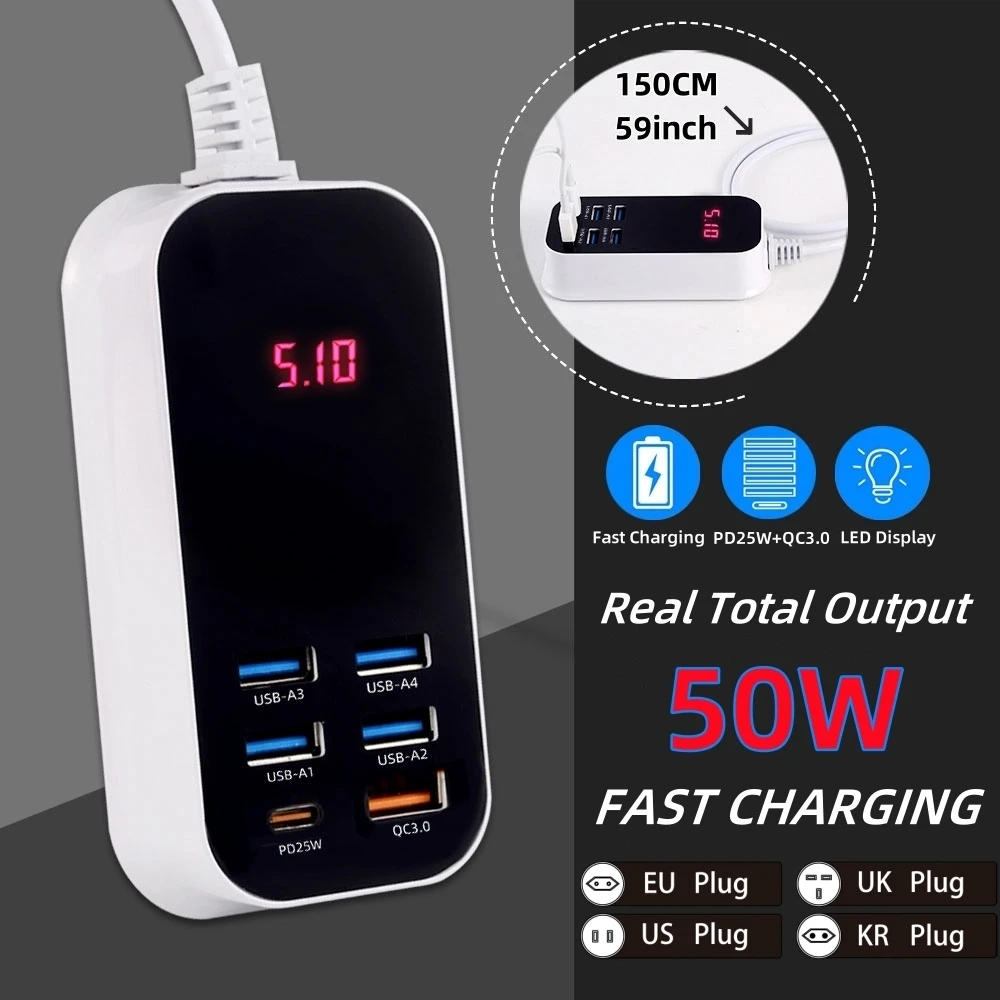 50W Multiple Port USB Charger PD25W Type C QC3.0 Fast Charging Desktop Wall Power Adapter Phone UK EU US Korea Plug Quick Charge