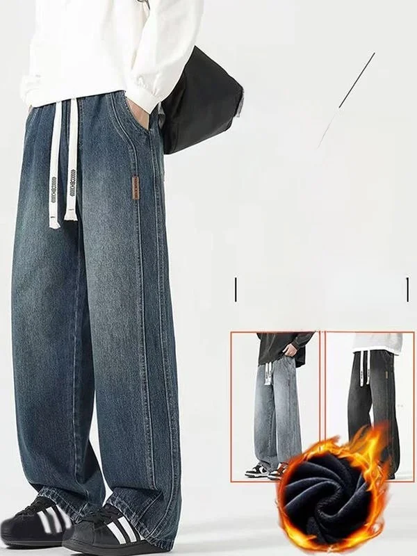 

Loose Wide Leg Men's Jeans American Retro Straight Casual Winter Cotton Stretch Denim mid Waist Trousers for Men