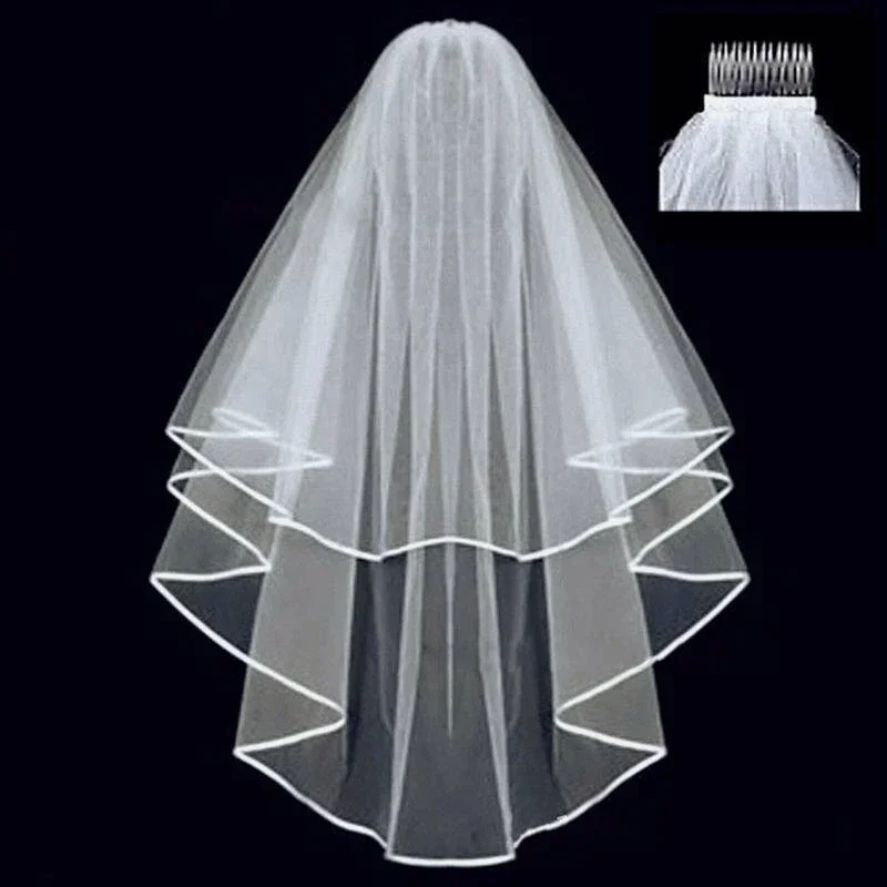 New Arrival Wedding Accessories Two Layer Ribbon Edge White Ivory Wedding Veils Bridal Veil Comb