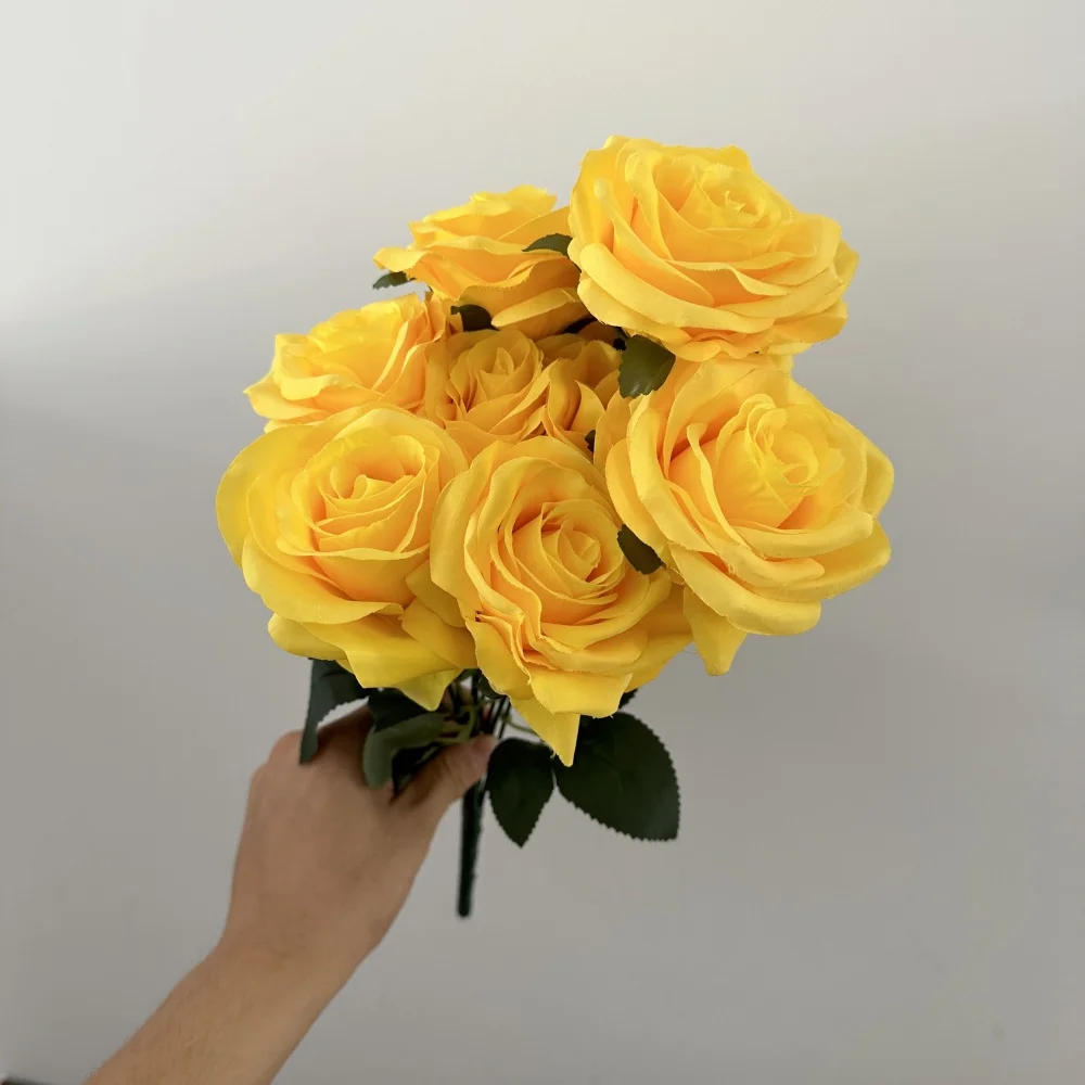 9 Köpfe Seidenrosen Blumenstrauß Künstliche Blume Orange Gelb Brautrose Gefälschte Rose Wohnzimmerdekoration Hochzeit Valentinstag – Detail 8