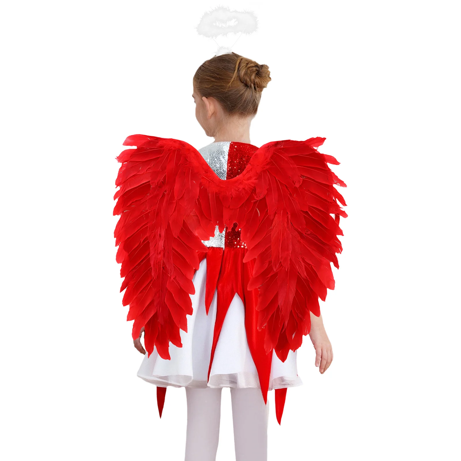 Dziewczęca 3-częściowa sukienka: pół-angiel, pół-démon, cekiny, kwadratowy dekolt, bez rękawów, metaliczny połysk, asymetryczna sukienka z opaską i skrzydłami.