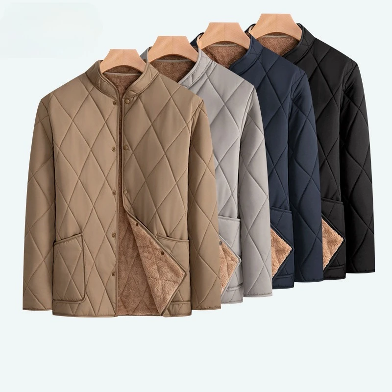 Men’s Fleece Lined Jacket Casual Stand Collar Button Keep Warm Coats Windproof Cold-proof Diamond Lattice Pattern Quilted Jacket