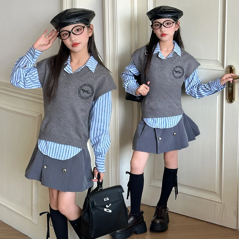 autumn 10 12 14 teenage girls JK clothes set Sweater vest+Blue striped shirt+Pleated skirt 3pcs junior kid suit children outfits