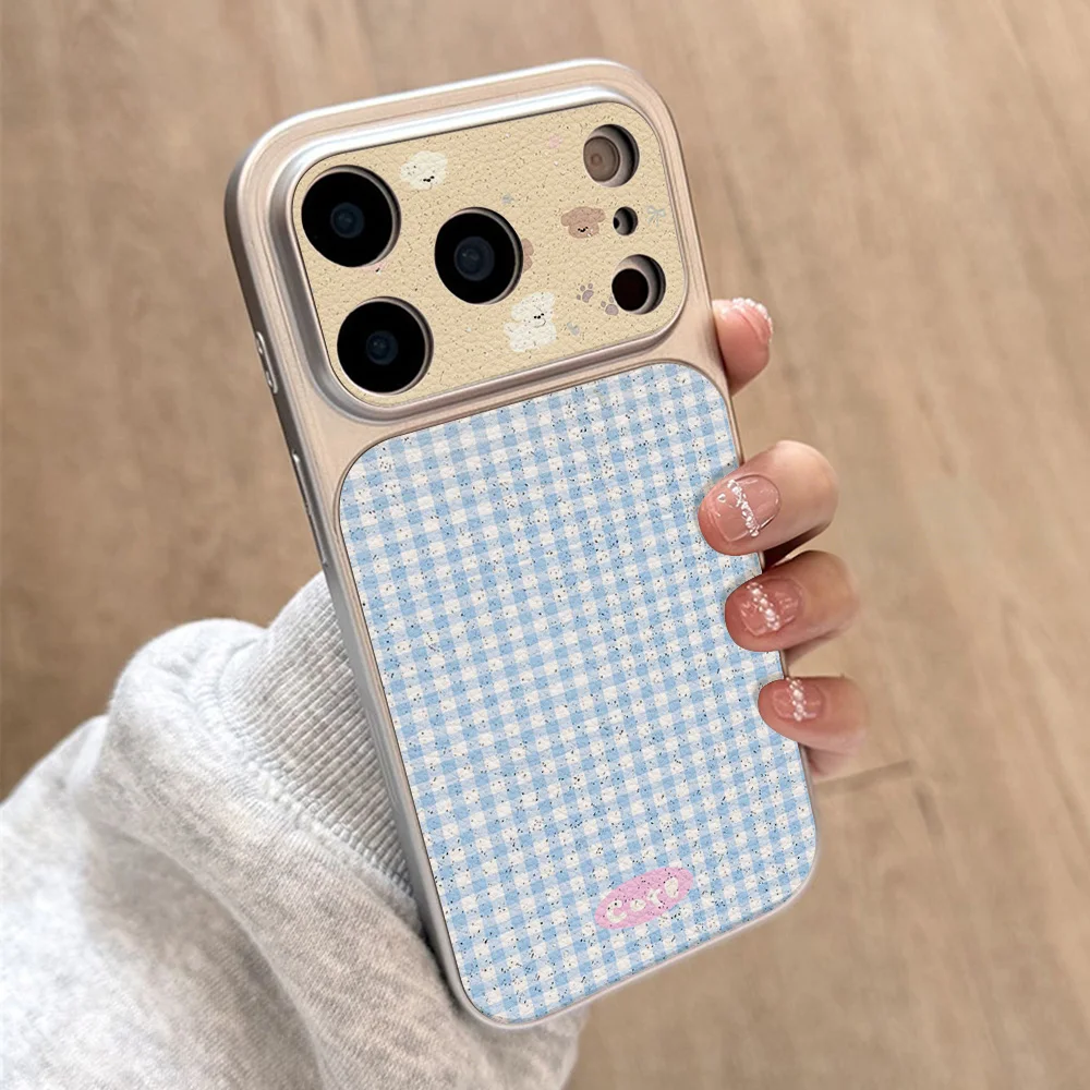 Blue And White Chequered Puppy Faux Lychee‑leather Case For iPhone 18 Pro 17 Pro Max 16 15 Pro 14 13 12 11 Cover With Lanyard view 2