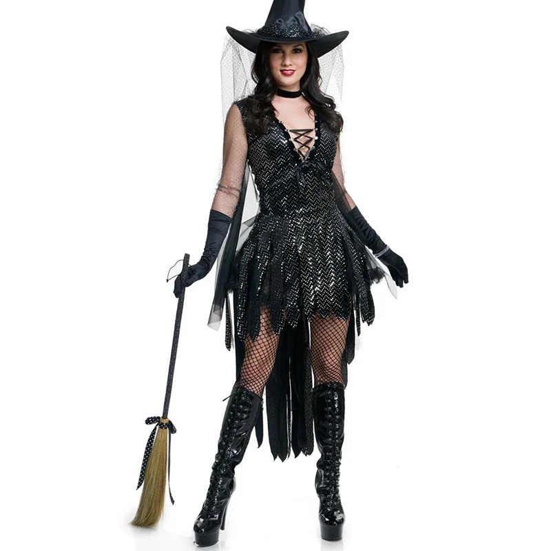 Halloween Dames Zwarte Pailletten Heksenkostuum Volwassen Vrouwen Boek Dag Boze Tovenares Verkleedkleding