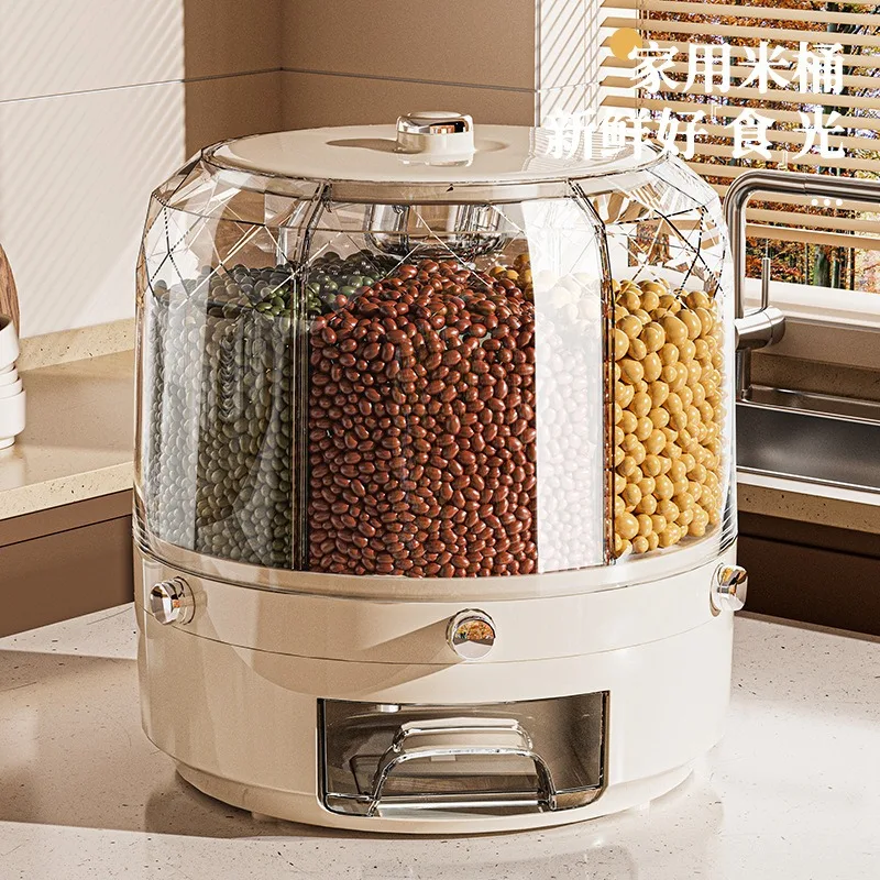 360 Degree Rotating Rice Dispenser Sealed Dry Cereal Grain Bucket Dispenser Moisture-proof Kitchen Food Container Storage Box