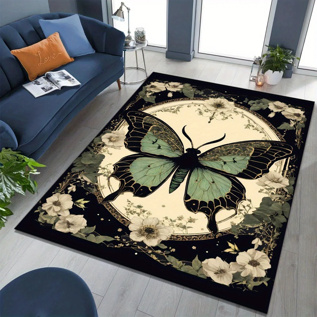 

Polyester butterfly rug: crystal velvet, non-slip, elegant floral & insect design—for living room, bedroom, office.