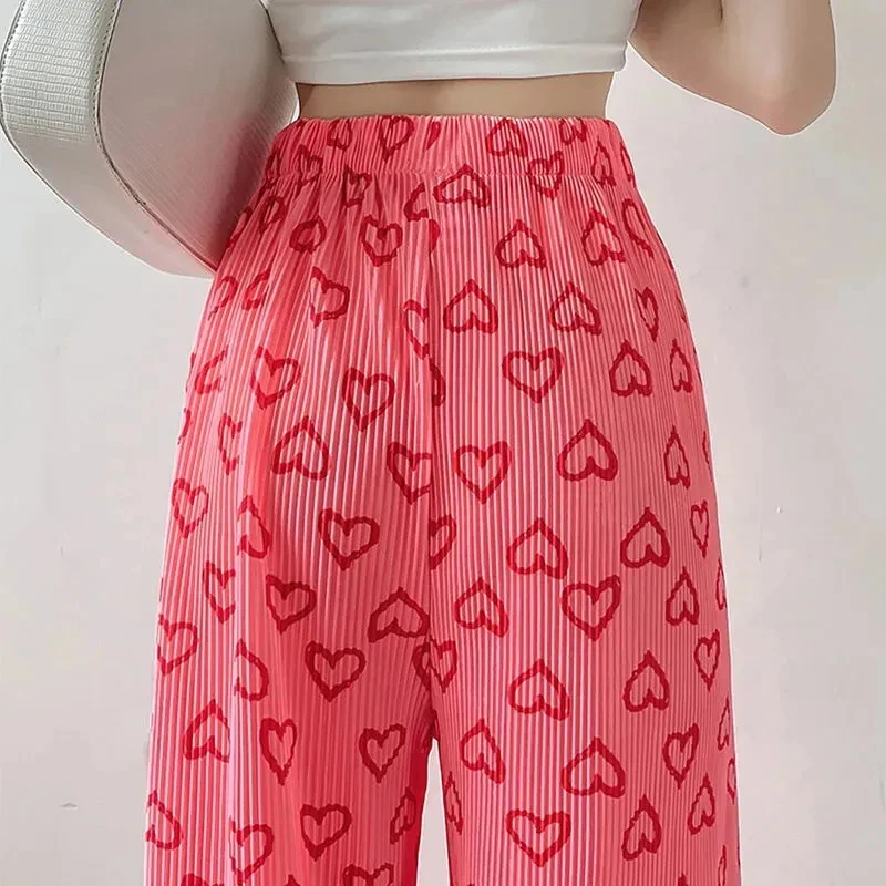 GIDYQ Pink Love Heart Wide Leg Pants Women High Waist Casual Folds Straight Leg Pants Fashion Loose  All Match Sweeping Pants