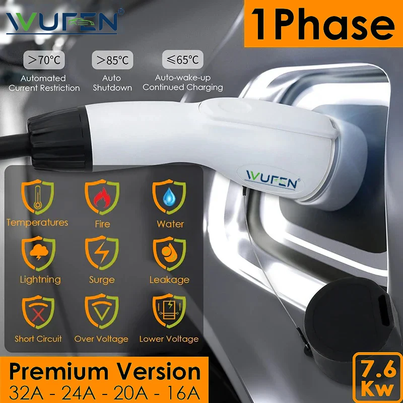 Wuben GBT شاحن محمول evv Wallbox ، نوع 2 كابل ، 32 أ ، 7.6 كيلو وات ، CEE Plug ، EVSE ، Type1 صندوق شحن ، محول J1772 ، 5 م ، 10 م ، 20 م ، المنزل