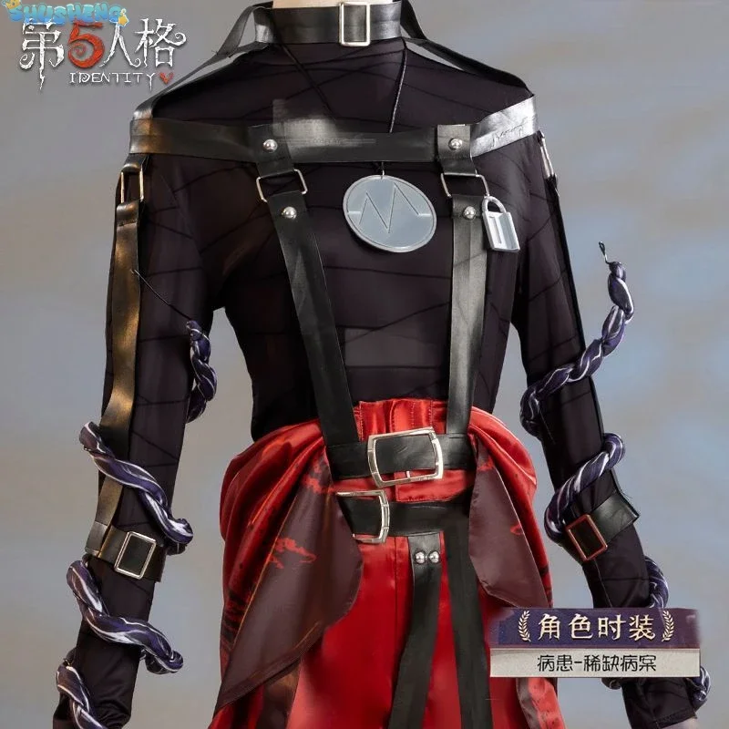 Identidade v emil paciente caso raro cosplay traje peruca máscara óculos topo cintos de couro calças bloqueio branco vermelho cabelo jogo acessórios