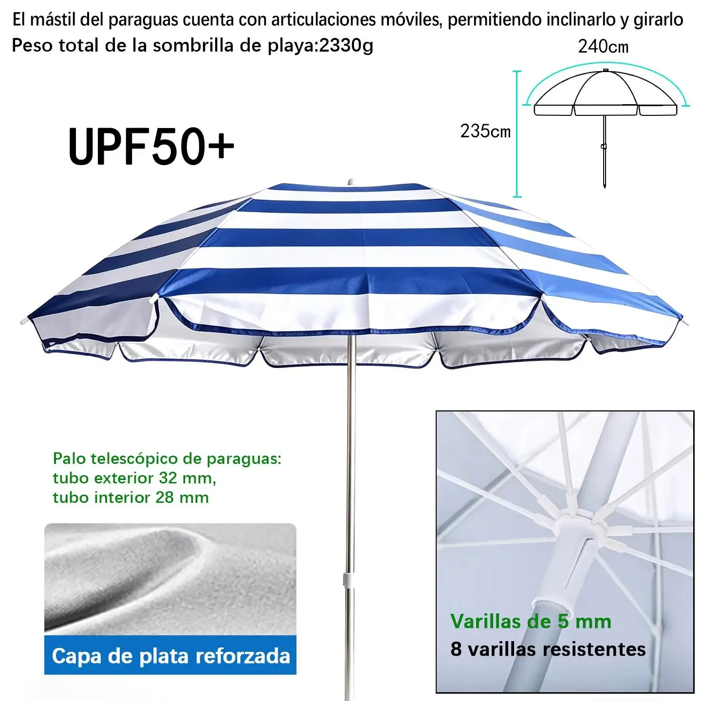 Sombrilla de Playa Rayada / Parasol para Playa con Protección UPF50+ / Sombrilla Grande para Exteriores / Parasol de Rayas para