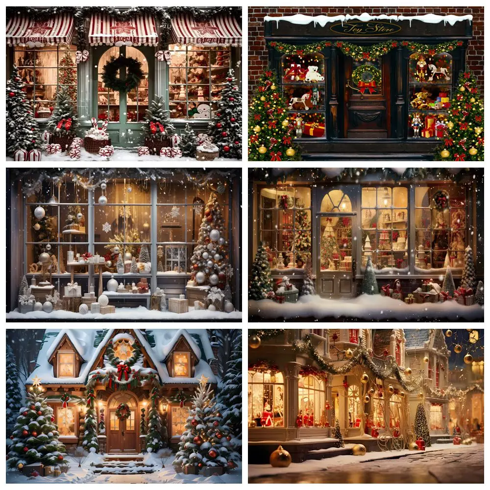 

Christmas Gifts Store Backdrop Santa's Toy Store Window Xmas Tree Winter Kids Portrait Photography Background Decor Photo Studio