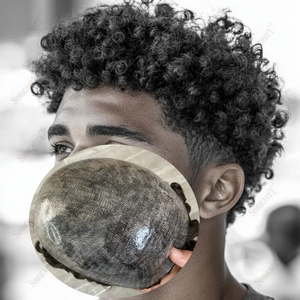 

Men's 8mm Afro Curly Durable Full Skin PU 100% Human Hair Toupee for Bald Man Hair Replacement System 1B20/1B40 Grey Prosthesis