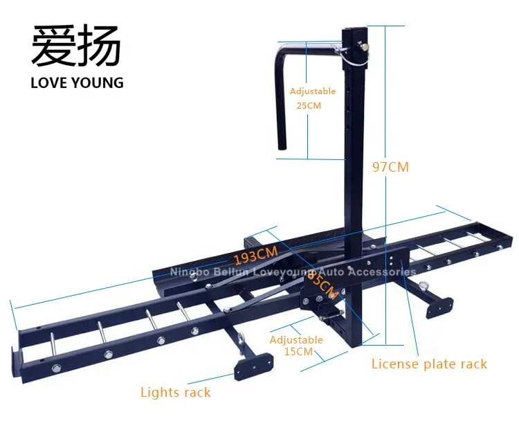 Heavy Duty Hitch Mount Motorcycle Carrier Rack Load 500lbs Steel Black Powder Coated with Lights and Stand Rod