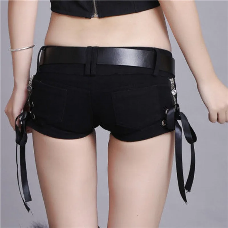 여성 크로스 스트랩 블랙 로우라이즈 데님 숏팬츠 Y2K 슬림 핫팬츠 슈퍼 부티 숏팬츠 나이트클럽
