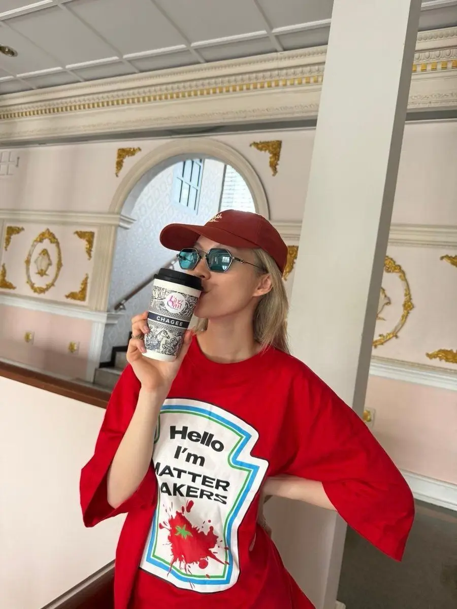 سرنا LingOrm نفس النمط الجولة الرقبة قصيرة الأكمام تي شيرت الصيف القطن الخالص الكرتون قميص مطبوع Orm Kornnaphat #4