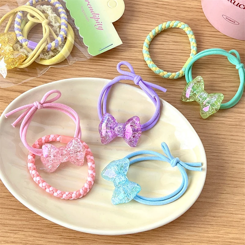 4Pcs Cute Crystal Bow Hair Rope Sweet Elastic Hair Ties High Ponytail Holder Rubber Band For Girls Children Hair Accessories