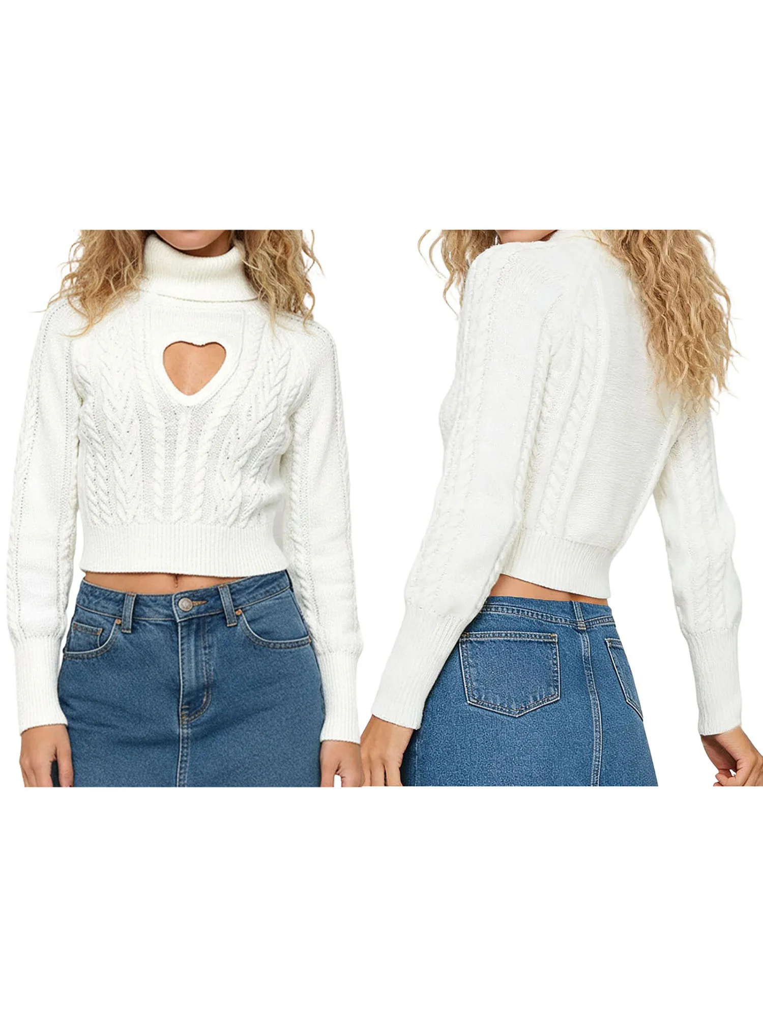 Valentijnsdag dames gebreide trui met hoge hals en hartpatroon holle gebreide trui met lange mouwen en tops