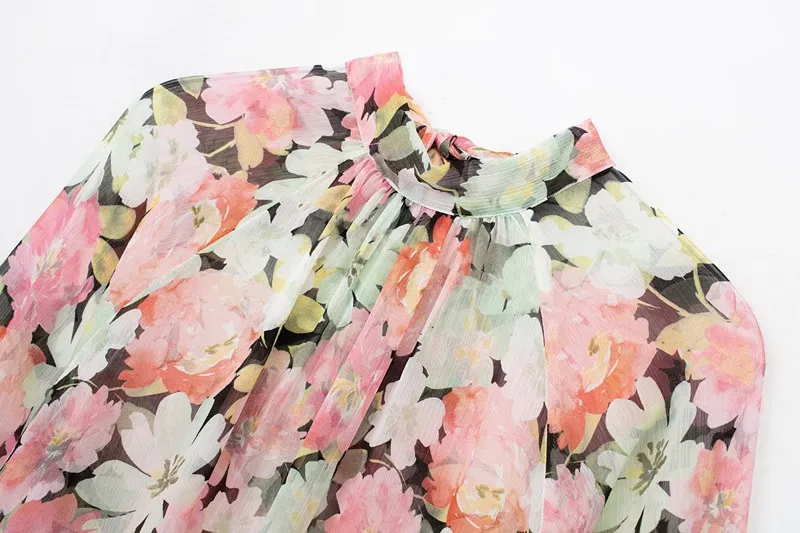 Spring Summer  Women's Versatile  Knot Printed irt Commute Sle Long Sve Floral Patterned Stand Collar Blouse