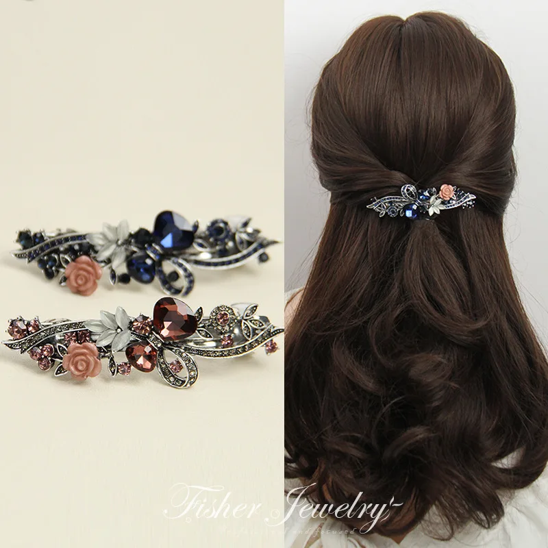 Red Crystal Flower Bow Spring Hairpin Vintage Ink Blue Rhinestone Horizontal Clip Top Clip Elegant Mom Fashion Hairpin Korean