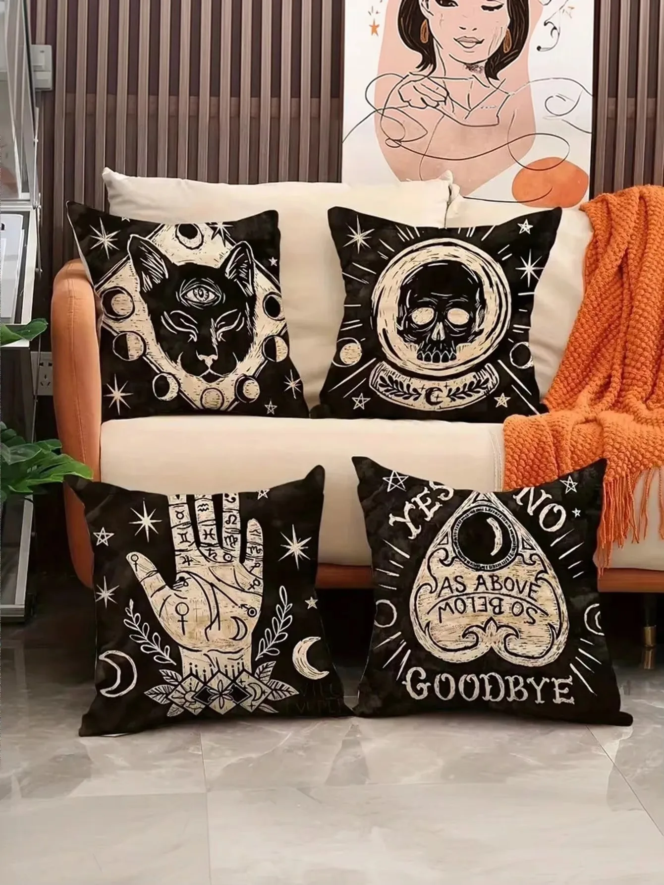 Double Sided Mystic Skull Pillow Cover, Black Cat Tarot 2D Polyester Print Cushion for Home Sofa Gothic Bedroom Decor