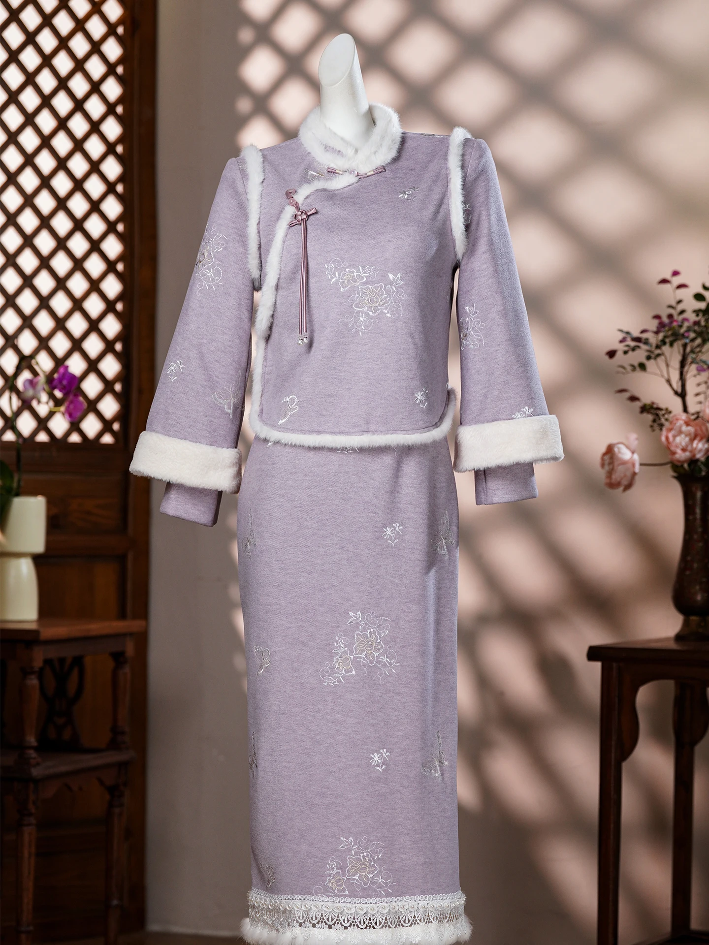 طقم رداء شتوي بنفسجي من الصوف السميك، تصميم صيني جديد، للارتداء اليومي، أنيق وبسيط، وصول جديد 2025، رداء طويل