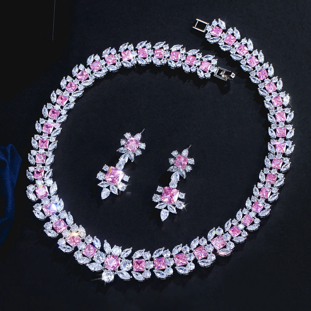 ThreeGraces Luxury Sparkling Pink Cubic Zirconia Geometric Square CZ Bridal Wedding Evening Party Jewelry Set for Women T1110