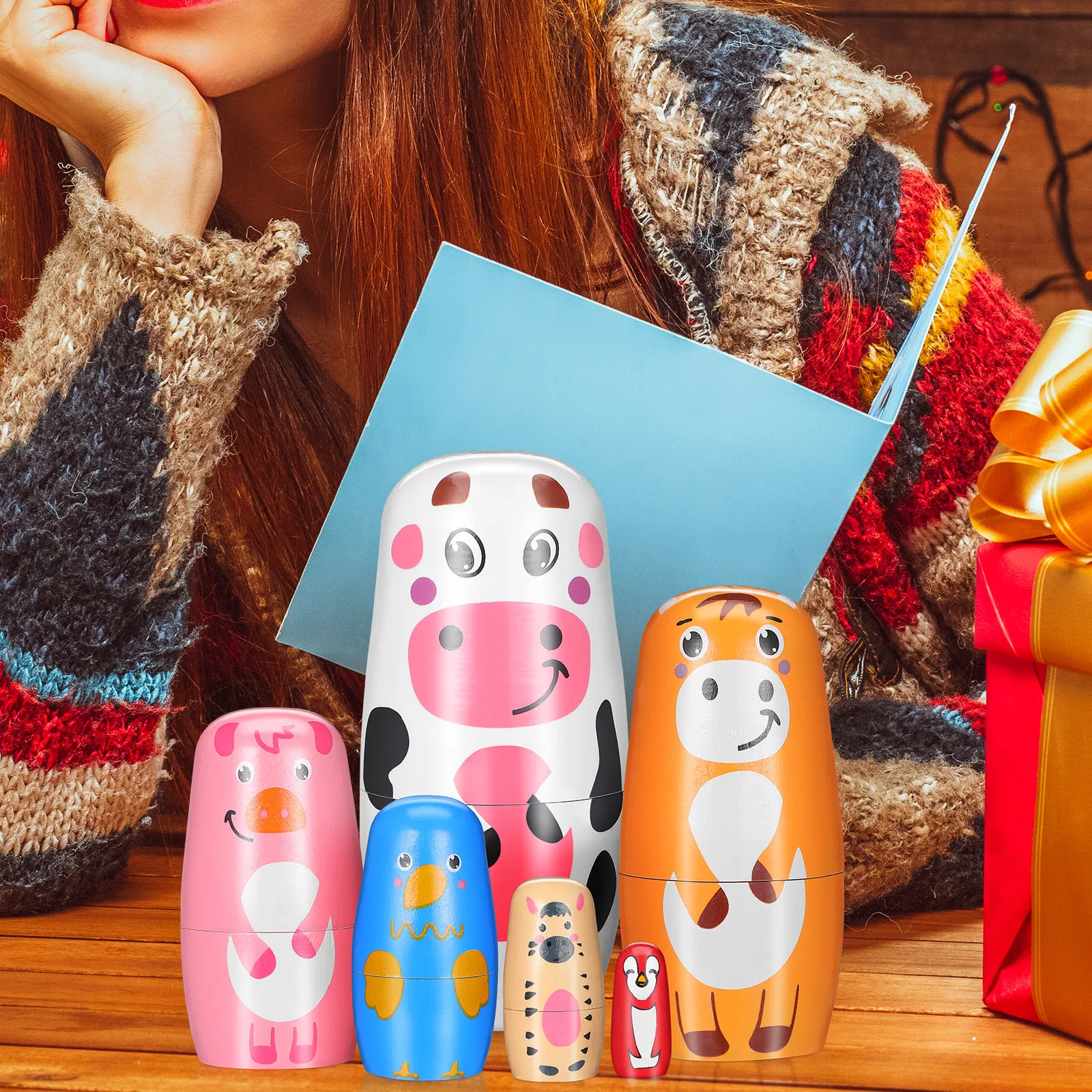 

1Set Wooden Animal Pattern Matryoshka Nesting Russian Style Home Decor Craft Educational Kids Learning Tool Wooden Table