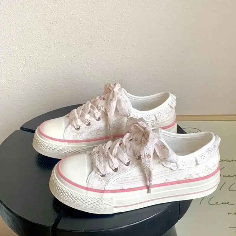 Women Sweet Lace Ruffle Canvas Floral Print Platform Sneakers Lace‑up Thick Bottom Casual Student Daily Walking Shoes