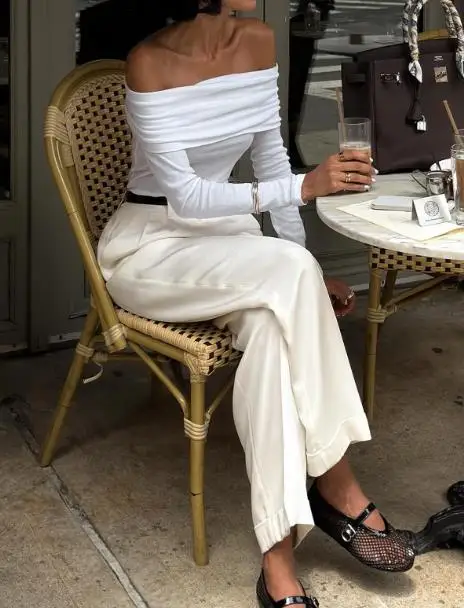 

2025 Autumn/Winter Elegant Solid Color Versatile Commuter Single Shoulder Long Sleeve T-shirt Women's Wear