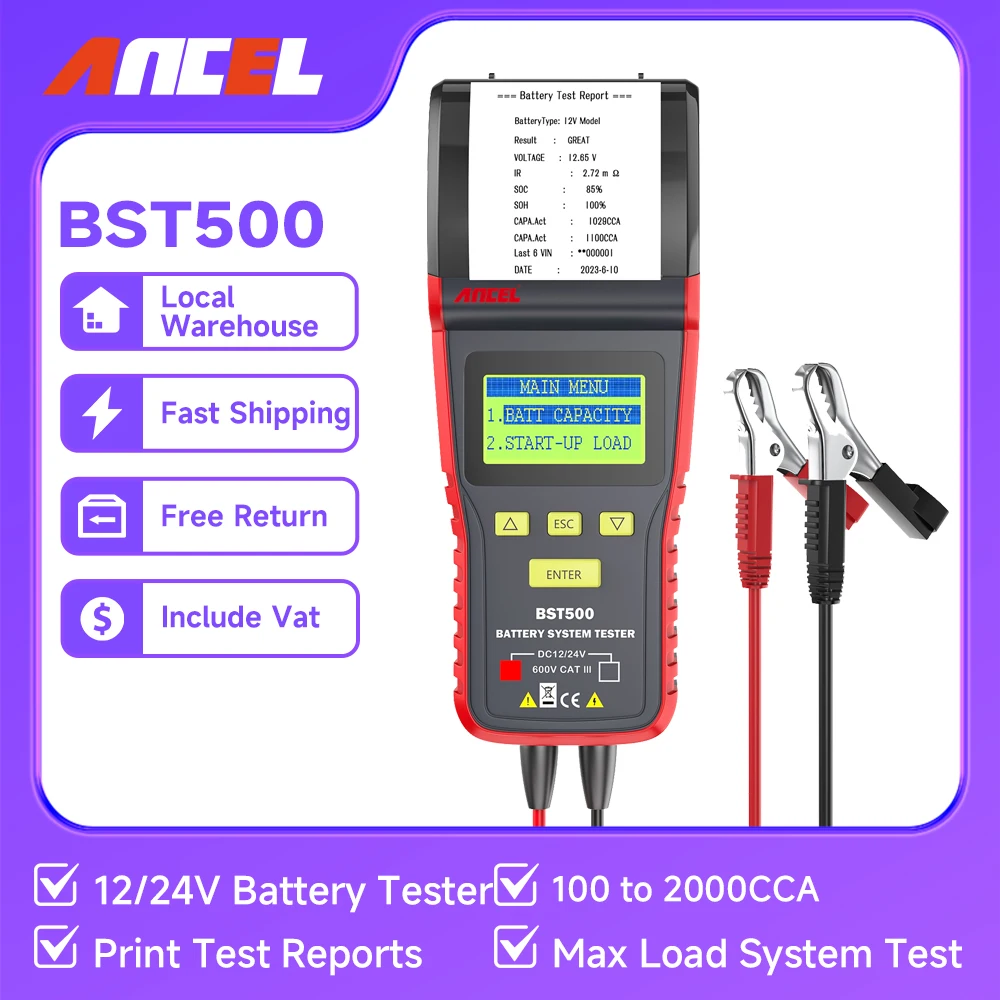 ANCEL BST500 Car Battery Tester for 12v 24v Truck with Printer Cranking Charging System Test Auto Battery Analyzer