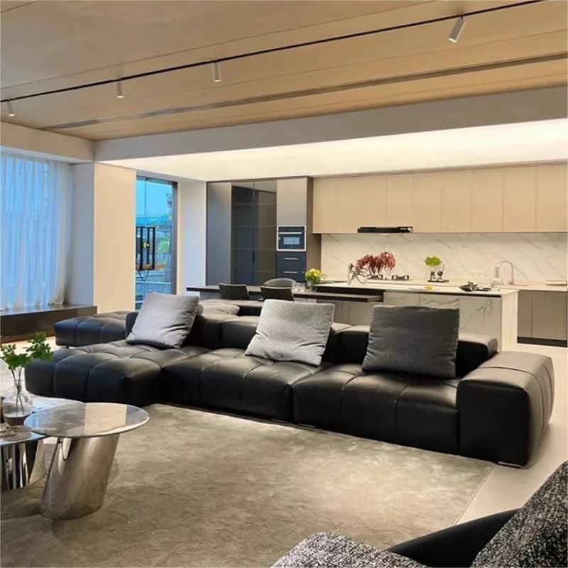 Customized Italian minimalist pixel leather sofa living room black first layer cowhide high-end leather art straight row modular