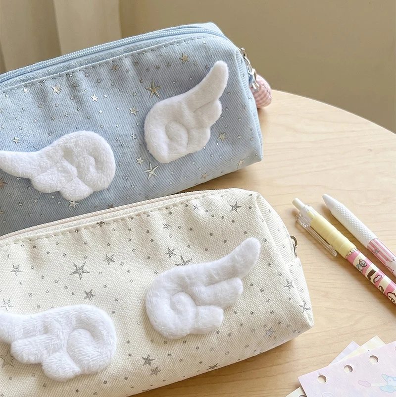 3d Angel Wings Pencil Case Cute Star Print Makeup Brush Storage Bag Girls Cute Zippered Wallet Portable Travel Toiletries Bag