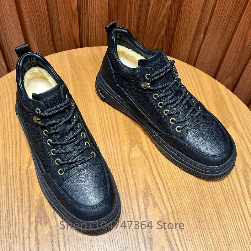 Genuine Leather Winter Sneakers Men's Snow Boots Wool Fur Lined Lace‑Up Thick Platform Non‑Slip Warm Casual Outdoor Male Shoes