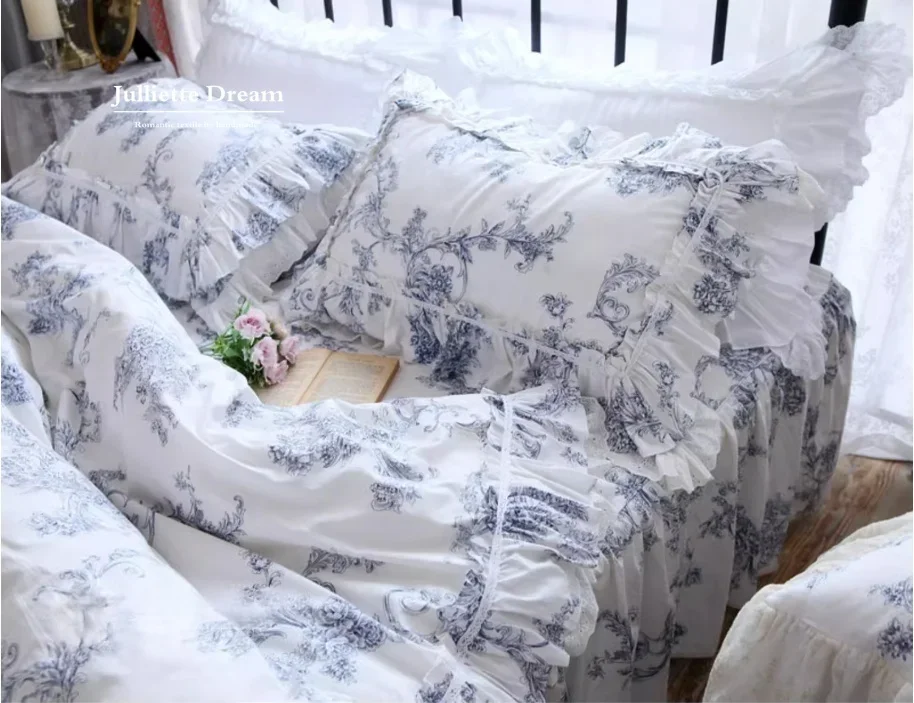 European Style Cotton Bedding Set Elegant Ruffled Lace Design Duvet Cover Bed Sheet with Skirt Quilt Cover Set with Pillowcase