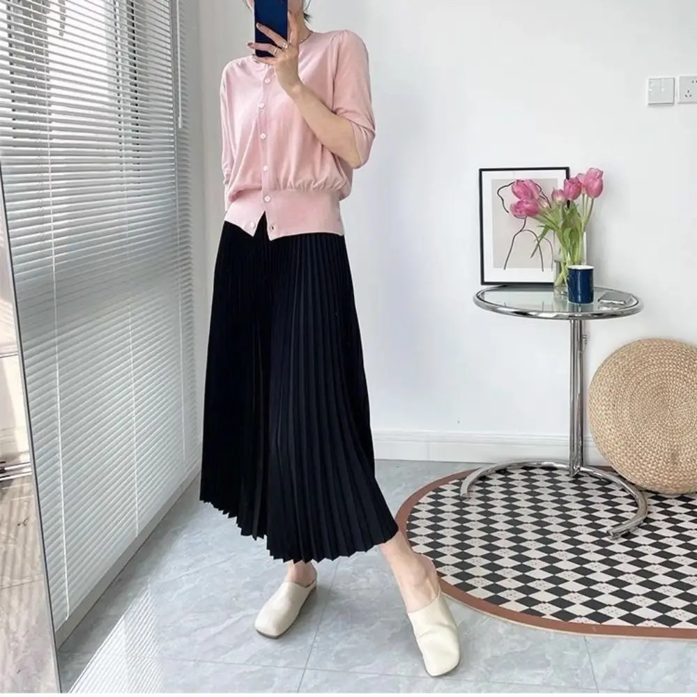 Classic Elegant Vintage Pleated A-Line Skirt Smooth Satin Elastic Waistband Satin Long Skirt Solid Color Satin Pleated Skirt