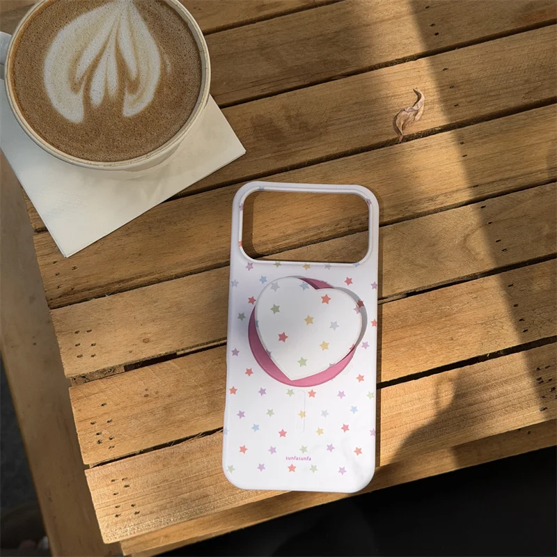 

Cute Colorful Star Print Magnetic Phone Case With Heart Pop Socket For iPhone 15 16 17 Pro Max INS Soft Pastel Shockproof Cover